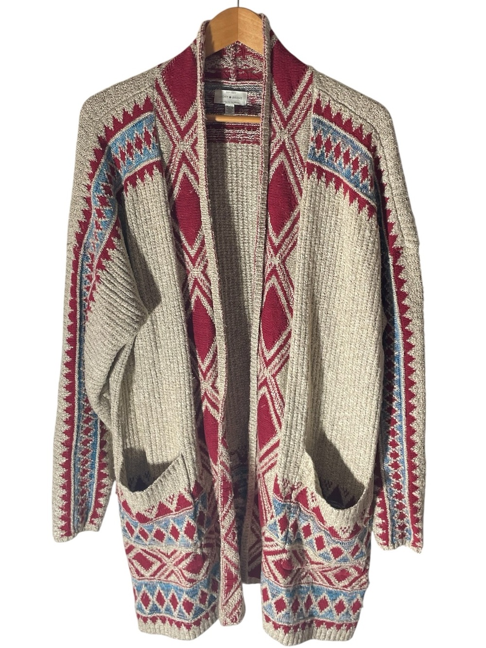 LL1- Lucky Brand Cream Open-Front Cardigan with Red and Blue Aztec Trim